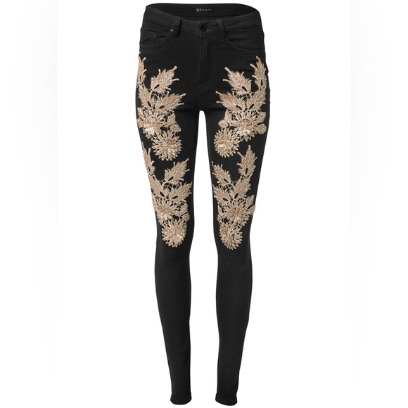VENUS Black Denim Jeans with Gold Embroidered Embellishments - Picture 2 of 6